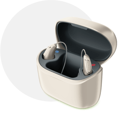Picture of Phonak rechargeable hearing aids and charger