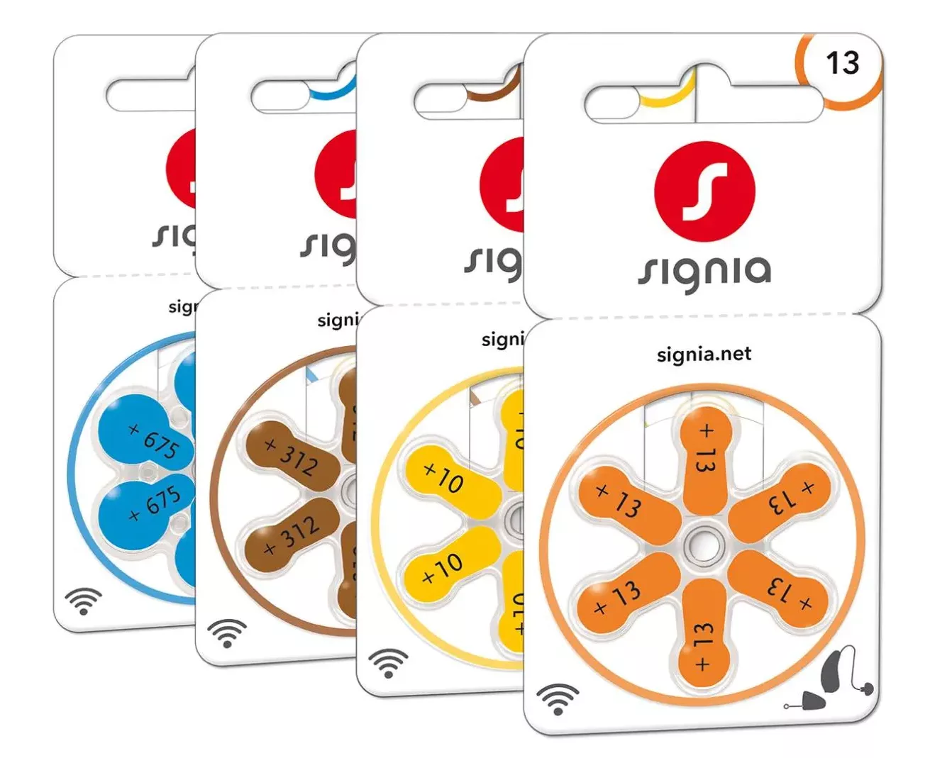 Picture of Signia hearing aid batteries; from left to right: 675 zinc-air, 312 zinc-air, 13 zinc-air, and 10 zinc-air batteries.