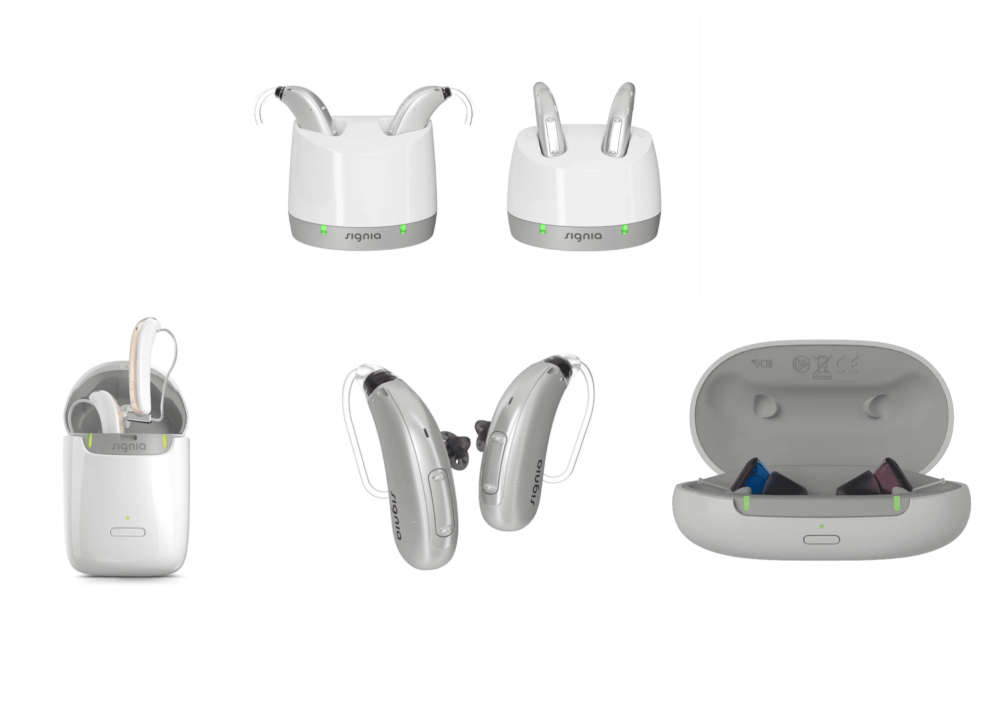 Picture of Signia rechargeable hearing aids and chargers