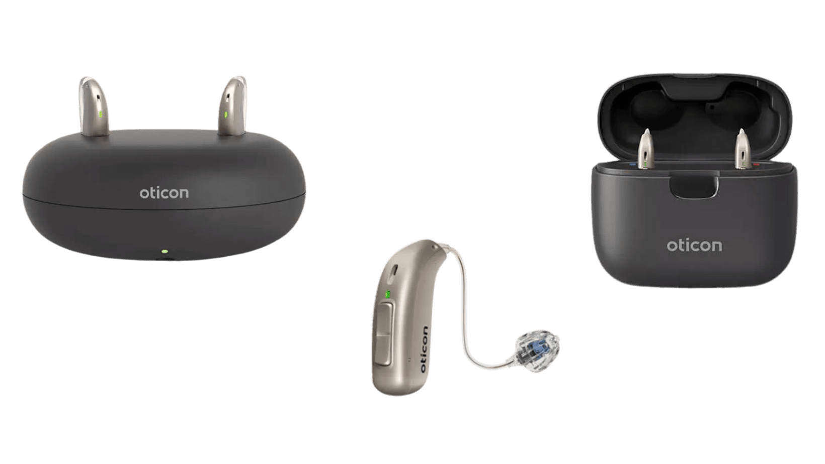 Picture of Oticon Real MiniRITE R hearing aids and chargers