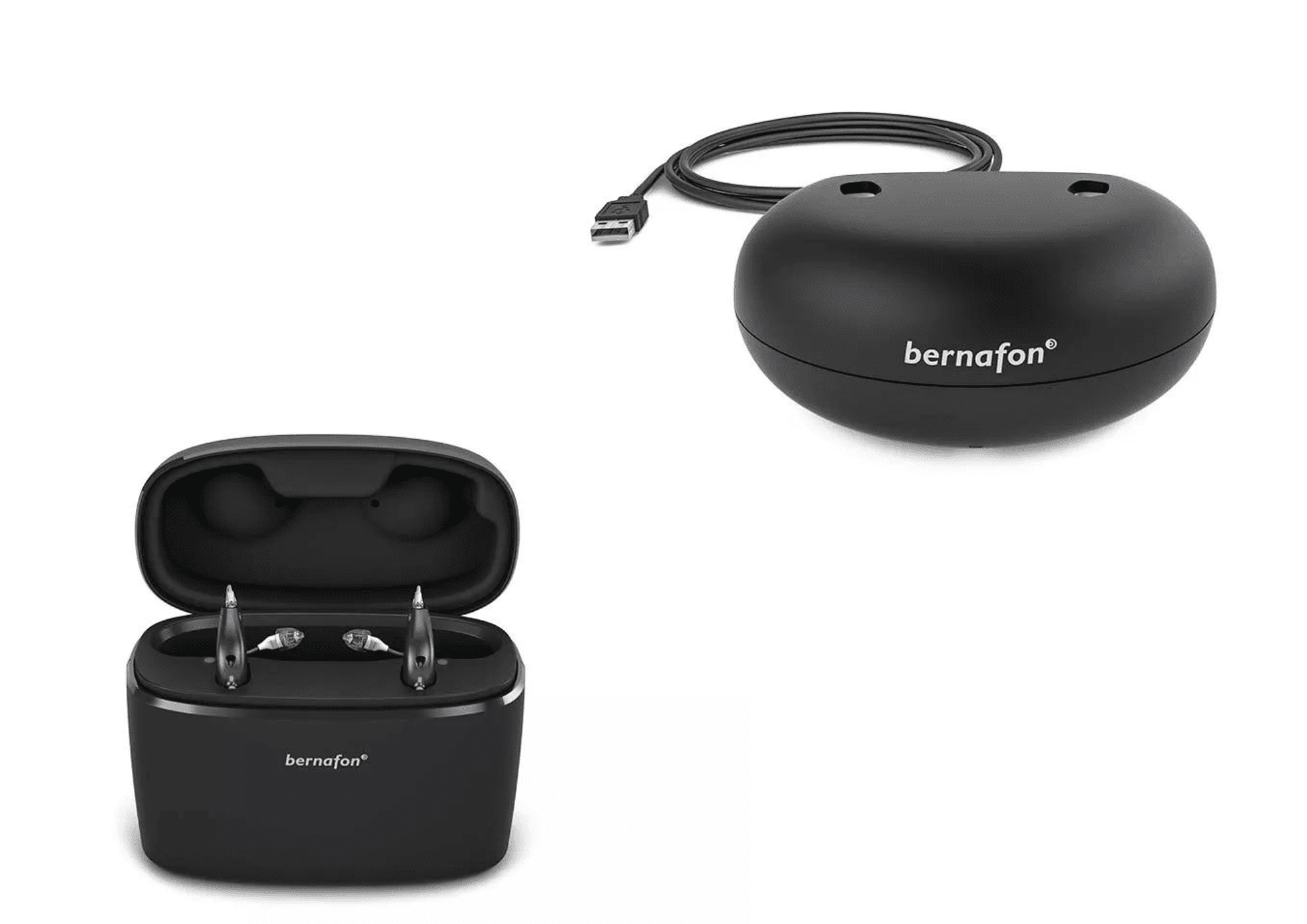 picture of Bernafon Alpha XT miniRITE R hearing aids and chargers