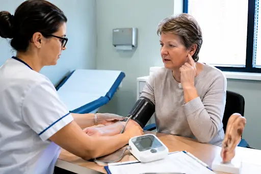Healthcare professional checking a patient's blood pressure during a tinnitus assessment.