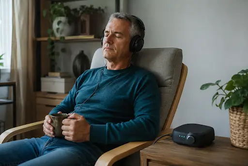 Person wearing headphones during sound therapy to help manage tinnitus symptoms at home