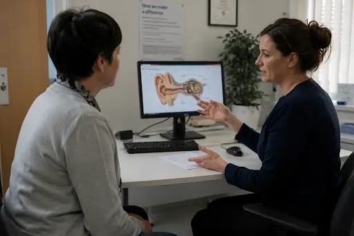 Audiologist explaining ear anatomy during a tinnitus consultation about TRT and CBT treatment options
