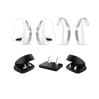 Picture of Starkey rechargeable hearing aids and chargers